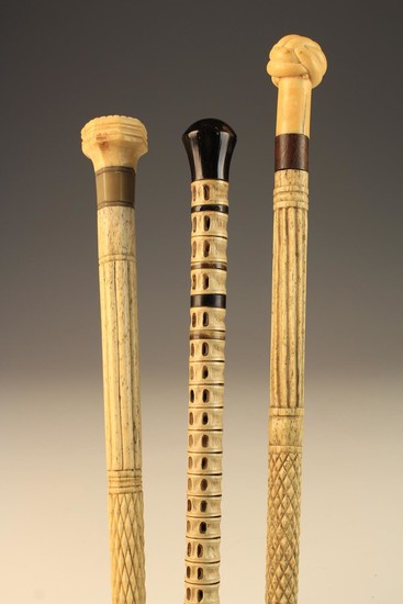 Three Fine 19th Century Walking Canes: Two of whale bone and marine ivory with elaborately carved sh