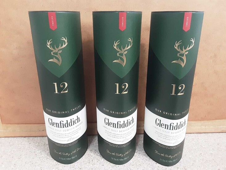 Three bottles of Glenfiddich 12 year old 70cl single malt scotch whisky, in original boxes