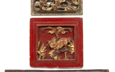 Three carved wood gilt temple carvings Chinese the first painted...