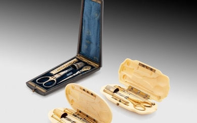 Three sewing necessaires, two in ivory, one in wood, circa 1860 |