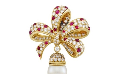 Tiffany & Co. Gold, Diamond, Cabochon Ruby and South Sea Cultured Pearl Bow Brooch