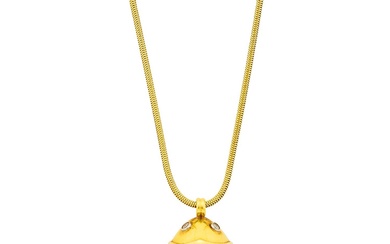 Tiffany & Co. Gold, Platinum, Carved Citrine and Diamond Scarab Pendant with Snake Chain Necklace