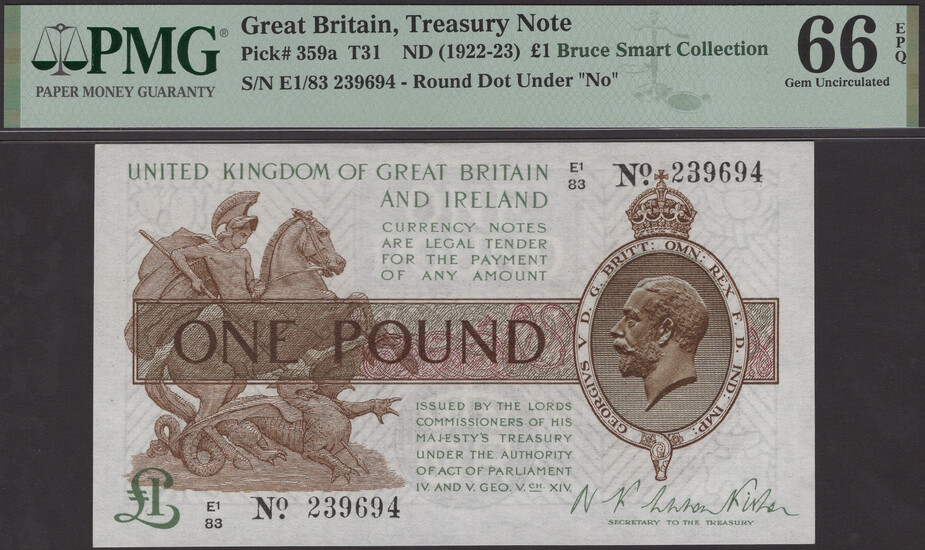 Treasury Series, Warren Fisher, £1, 26 February 1926, serial number E1/83 239694,...