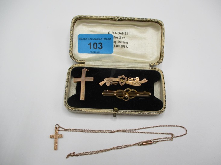 Two 9ct gold cross pendants and a chain and two gold bar bro...