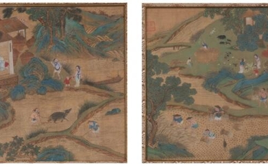 Two Chinese Ink and Color Figural Landscape Paintings on Silk after Qiu Ying