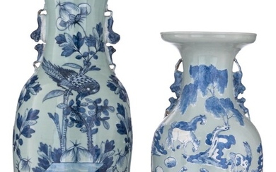 Two Chinese blue and white on celadon ground...