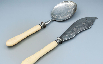 Two Fine Art Nouveau Silver and Ivory Serving Flatware, France, Late 19th Century