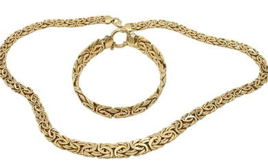 Two Piece 14 Karat Yellow Gold Bracelet and Necklace of Woven Links