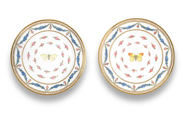 Two Sèvres hard-paste plates from the service fleurettes et papillons colorés, dated 1822