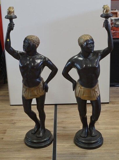 Two bronze sculptures of African men with torch, 20th century, h. 125 cm, Provenance: Landgoed Altembrouck (2x)