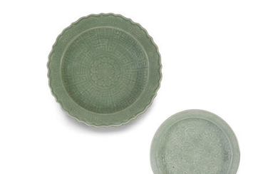 Two celadon-glazed 'floral' dishes