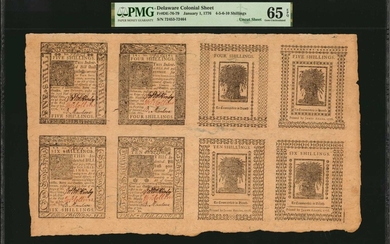 Uncut Sheet of (8) DE-76-79. Delaware. January 1,1776. 4-5-6-10 Shillings. PMG Gem Uncirculated 65 EPQ.