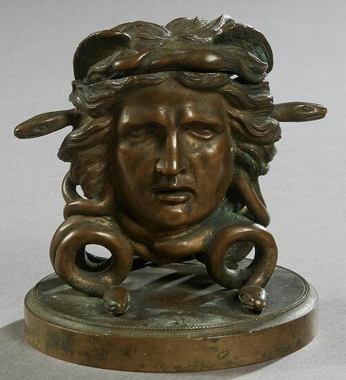 Unusual Patinated Bronze Medusa Inkwell, 19th c., on a