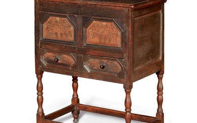 VERY RARE PILGRIM CENTURY PAINT-DECORATED TURNED AND JOINED MAPLE AND PINE CHAMBER TABLE, BOSTON, MASSACHUSETTS, CIRCA 1700