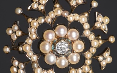 VICTORIAN PEARL AND DIAMOND BROOCH, Pearls well matched (unt...