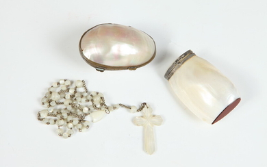 VINTAGE MOTHER-OF-PEARL OVAL BOX, SNIFFING SALT CONTAINER AND ROSARY WITH...