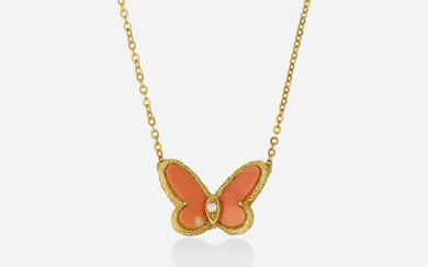 Van Cleef & Arpels Coral, diamond, and gold butterfly necklace