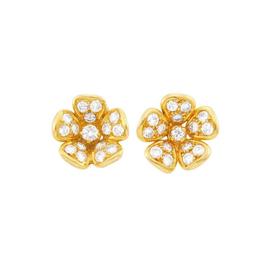Van Cleef & Arpels Pair of Gold and Diamond Flower Earrings