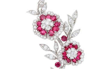 Van Cleef & Arpels Platinum, Ruby and Diamond Flower Clip-Brooch