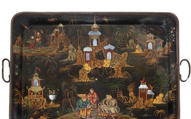 Vassoio in metallo dipinto con scene e paesaggi cinesi, 19°...