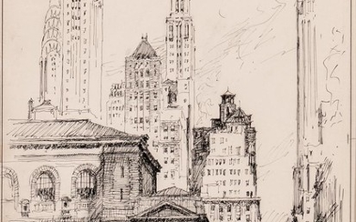 Vernon Howe Bailey (American, 1874-1953) Two Ink Drawings of New York City: A Midtown Silhouette