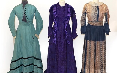 Victorian Purple Silk and Velvet Trimmed Dress, with a ruched...