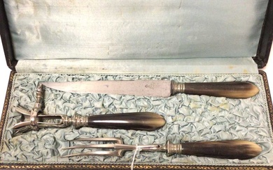 Victorian silver bread knife with mother of pearl handle and a French carving set i