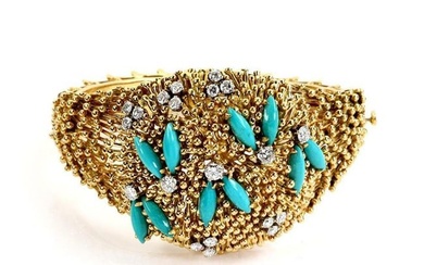Vintage 1.25ct Diamond Turquoise 18k Yellow Gold Bead Dome Bangle Bracelet