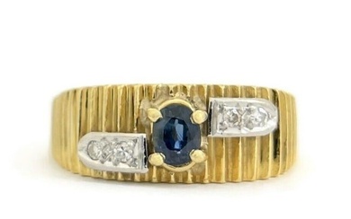 Vintage 1930's 1940's Oval Sapphire Diamond Ribbed Ring 18K Yellow Gold 5.03 Gr