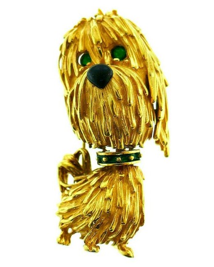 Vintage French 18k Yellow Gold Enamel Dog Brooch