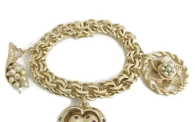 Vintage Pearl Dreamcatcher Heart Charm Bracelet 14K Yellow Gold, 81.9 Grams