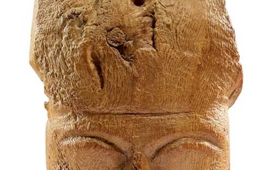 WOODEN MASK, PROBABLY FROM A MUMMY-SHAPED WOODEN SARCOPHAGUS Egypt, 26th Dynasty, 600 BC.