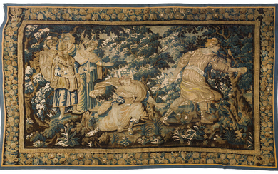 Wandtapijt. Brussel. Ca. 1700. Wol en linnen. Met voorstelling van een bijbels of mythologisch tafereel. Boorden met pla
