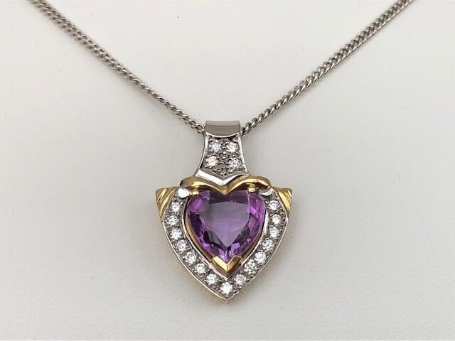 White gold - Necklace with pendant - 0.80 ct Diamond - Amethyst
