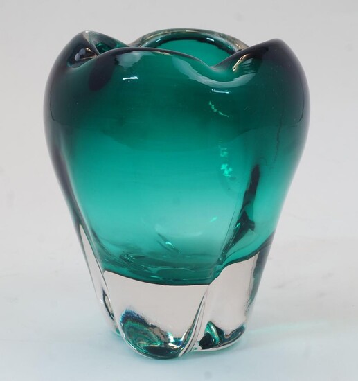 William Wilson (b.1914-) for Whitefriars, a pattern '9410' or 'Molar' vase, circa 1957, cased green glass, 14cm high