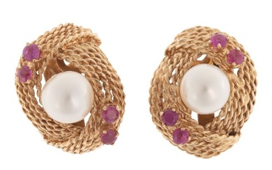 Yellow Gold, Cultured Pearl, Ruby Clip Earrings