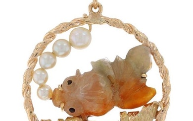 Yellow Gold Jadeite Pearl Celestial Eye Fancy Goldfish Pendant 14k Aquatic Life