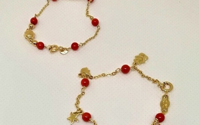 Yellow gold, Natural Red Coral (Mediterranean) - Two bracelets