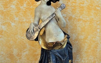 Zenz Prinoth (1968) - Large sculpture - Woman with mandolin - wood, 24 carat gold leaf, oil painting - Late 20th century