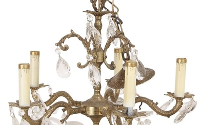 Cast Brass Chandelier with Glass Prisms, Vintage