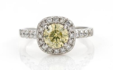 0.93ct Centre Greenish Yellow Diamond Halo Ring