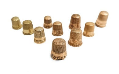 10 English and American Yellow and Rose Gold Thimbles, Etched Florals and Foliate Scrolls
