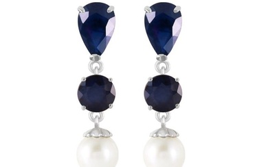 10.1 CTW 14K Solid White Gold Chandelier Earrings Sapphire Cultured Pearl