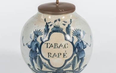 Cobalt-decorated Tin-glazed Earthenware Tobacco Jar, 18th century, tall bulbous form decorated with a central medallion inscribed "TABA