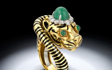 David Webb Enamel and Emerald Tiger Ring