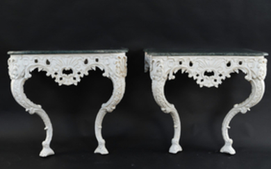 PAIR OF MARBLE TOP CARVED ITALIAN CONSOLES