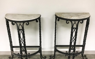 Pair of Wrought Iron Marble-top Demilune Console Tables