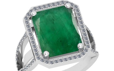 12.71 Ctw VS/SI1 Emerald And Diamond 18K White Gold Vintage Style Ring