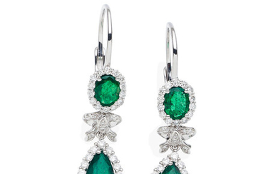 A pair of emerald and diamond cluster pendent earrings