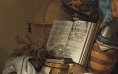 Vincent Laurensz. van der Vinne (Haarlem 1628-1702), A globe, instruments, books, a broken upturned roemer, a skull and weapons on a partially draped table